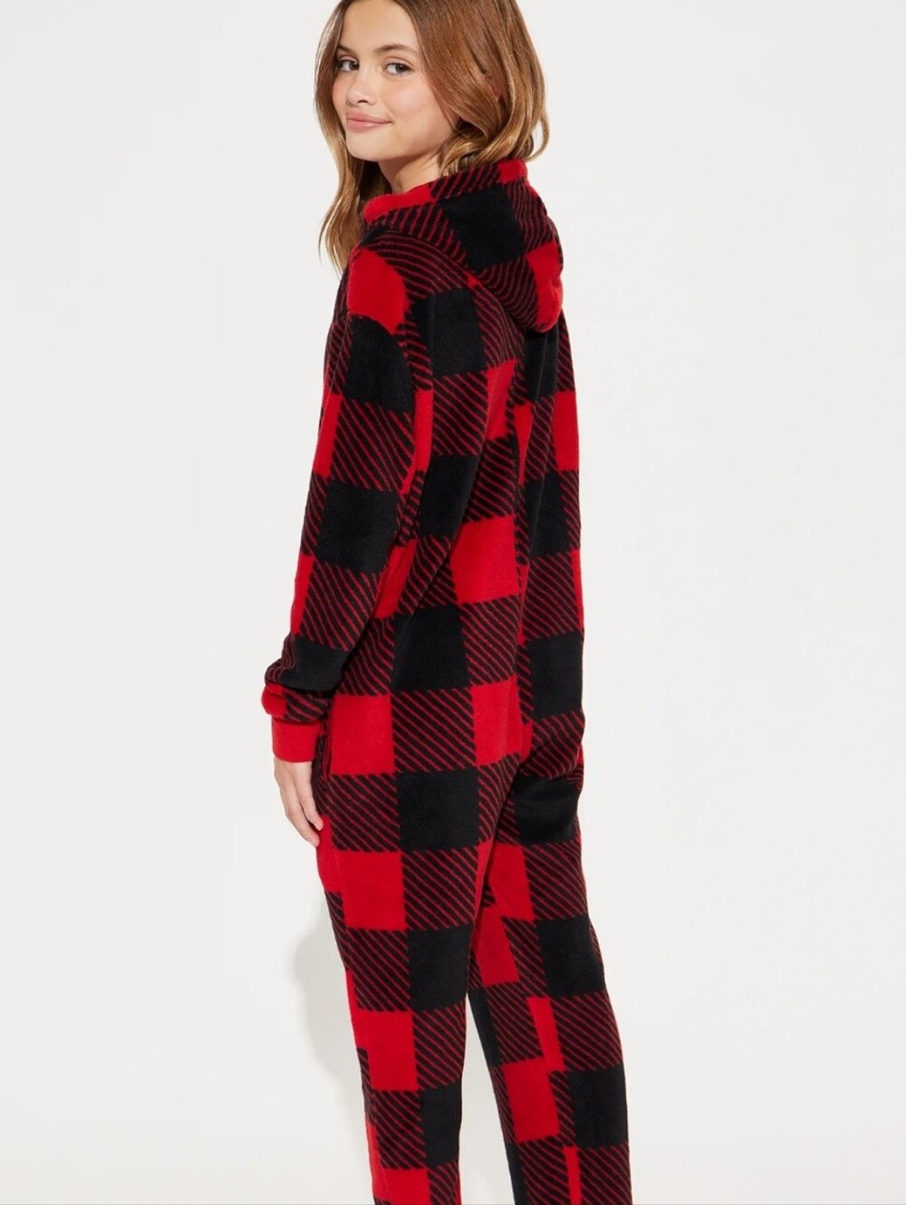 SO Red and Black Plaid Hooded Jumpsuit Romper - Picture 2 of 4